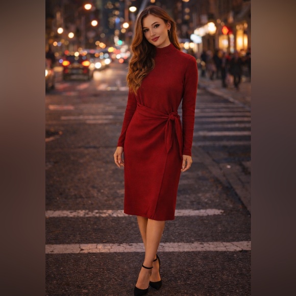 90s Casual Corner Petites Red Mock Neck Faux Wrap Sweater Dress, Sz M ♥️ - Picture 1 of 10